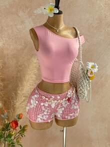 SHEIN x Eduarda Gutierrez Soleia 女士春夏度假两件套：红白条纹针织露脐上衣，不对称肩部设计，搭配超低腰紧身短裤，适合派对、圣诞节、情人节、约会、海滩、邮轮、嘉年华、复活节、中国新年等场合。 - 淺粉色 - 查看 3