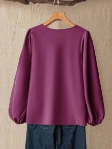 Linhara Áo cánh tay dài dáng rộng cổ tròn thanh lịch, thoải mái, thời trang cỡ lớn dành cho nữ, mùa thu - Màu đỏ tím - Xem 2