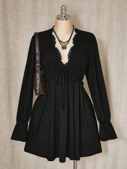 SHEIN ICON Plus Size Casual Solid Color Lace Patchwork Mini Dress Fall Cloth For Women Black Dress Long Sleeve Black Western Dress Elegant Blouses For Women Casual Dresses For Women