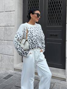 SHEIN Cottnline Moher Yarn Pullover Leopard Pattern Pullover Fall Winter - Army Green - View 4