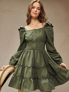 WESTFADE 100% Cotton Square Neck Button Front Tiered Ruffle Fit & Flare Mini Dress Winter, Boho, Western Wear, Holiday, Christmas, NYE, New Year, Nashville Cowgirl, Casual, Cute - Army Green - View 4