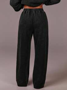 Athîral 女士休闲日常通勤时尚街头风弹力腰斜插口袋宽松阔腿水洗运动裤 - 黑色 - 查看 5