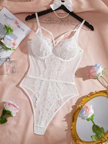 Romantic Lace Detail Steel Hoop Sexy Bodysuit Bridal Lingerie, Rave - White - View 3