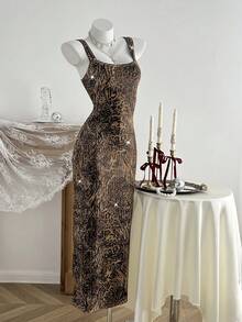 Elamini 1 件女士棕色豹纹亮片刺绣网眼紧身鸡尾酒会礼服，修身腰部迷你连衣裙，性感奢华派对/圣诞节/情人节连衣裙，冬季 - 棕色 - 查看 4