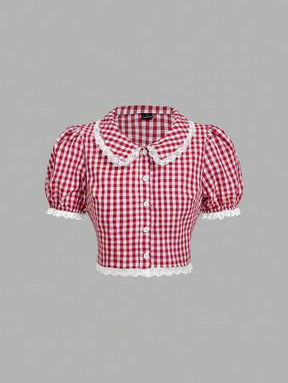 SHEIN MOD Lace Trim Puff Sleeve Crop Blouse,Short Sleeve Tops Preppy Tops Red Gingham Top