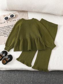 2pcs Girls Sweater Set, Cute Bow Knitted Jacket Paired With Casual Slim Pants, Autumn/Winter Pullover - Dark Green - View 3