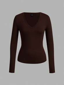 SHEIN EZwear Bộ 3 áo thun dài tay ôm dáng cổ chữ V sâu dành cho nữ, màu đen/nâu đậm/đỏ rượu vang, áo dài tay ôm dáng mùa thu/đông xuân. - Nhiều màu - Xem 8
