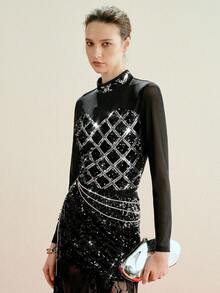 Arave 女士亮片刺绣修身露脐吊带上衣，万圣节服装 - 黑色 - 查看 6