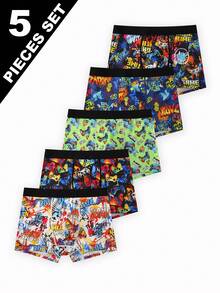 Teen Boys Underwear 5-Piece Set - Colorful Gaming Graffiti Print Boxer Briefs Fashion Gaming Pattern Elastic Waistband Design Colorful Black Trim Classic Color Breathable Comfortable Fabric Boxer Briefs Elastic Waistband Gaming Graffiti Print Combo Social Media Style Cool 2026 New Year Holiday Essential Teen Boys Underwear Set - Multicolor - View 1