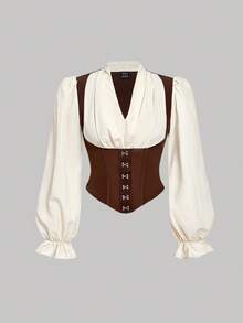 SHEIN MOD Plus Size Women's Fashion French Style Contrast Color Lantern Sleeve Blouse,Halloween,Going Out Tops,Fall For Women,Goth,Country Concert,Grunge,Boho Women,Old Money Style Women,Western,Back To School,Western Wear,Winter For Women,Pirate,Fall For Women,Halloween Cosplay.Christmas And New Year Outfits, Autumn And Winter Outfits - Coffee Brown - View 5