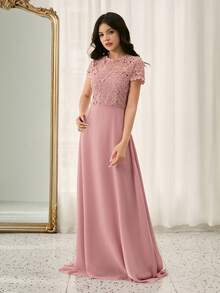 رمضان فستان شيفون مزخرف بالدانتيل الأنيق والمنسدل للمراهقات، مناسب للحفلات والأعراس والمناسبات الخاصة كعيد الميلاد والكريسماس - وردي - مشاهدة 5