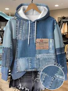 Glissea Deep Blue Denim-Style Patchwork Print Women's Sweatshirt Perfect For Fall/Winter Autumn-Winter Sweatshirt Women's Gift Holiday Sweatshirt Fashion Stylish T-Shirt Attractive Sweatshirt Sibling Gift Sister Gift Fun Sweatshirt Casual Minimalist Fashion Sweatshirt - Royal Blue - View 1