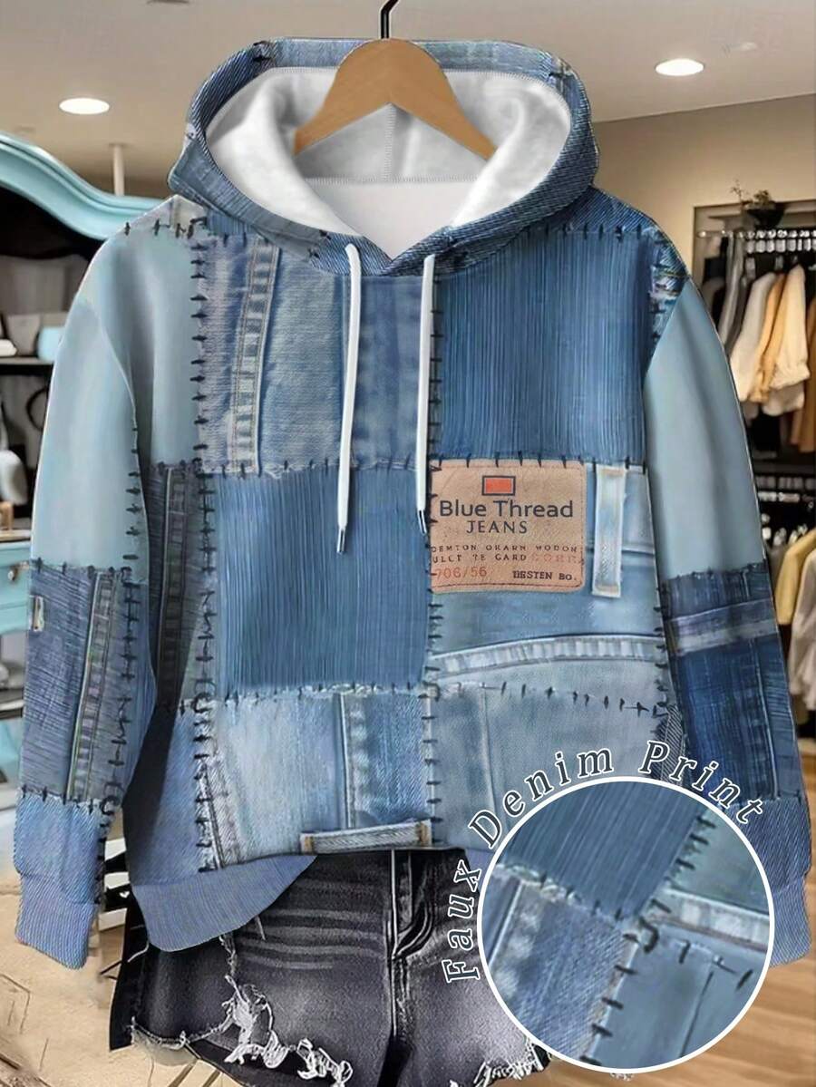 Glissea Deep Blue Denim-Style Patchwork Print Women's Sweatshirt Perfect For Fall/Winter Autumn-Winter Sweatshirt Women's Gift Holiday Sweatshirt Fashion Stylish T-Shirt Attractive Sweatshirt Sibling Gift Sister Gift Fun Sweatshirt Casual Minimalist Fashion Sweatshirt - Royal Blue - View 1