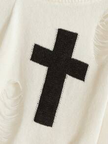 ROMWE Grunge Punk 女士 Y2K 超大款圆领做旧镂空十字水钻装饰长袖套头毛衣 - 杏色 - 查看 4