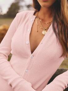 Aralina 女士纯色前开襟纽扣修身长袖连体裤，冬季款 - 藕粉色 - 查看 4