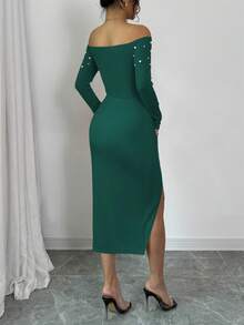 Elenzga 女士露肩长袖褶皱高开衩珍珠设计修身连衣裙，适合新年穿着 - 墨綠色 - 查看 2