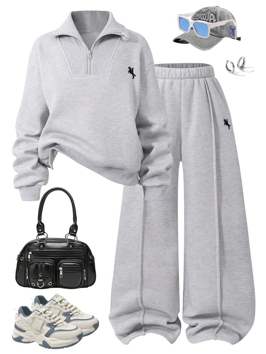 Tween Girls Casual 2 Pieces Set, New York Letter Pattern Hoodie And Shorts, Warm Campus Outfit, Suitable For Daily Wear, Spring/Autumn/Winter - Grey - View 1