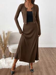 SHEIN Clasi 女士休闲纯色罗纹开衫和半裙两件套 - 棕色 - 查看 6