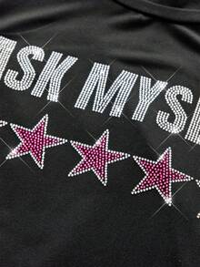 AXEPEAK Men's Star & Letter Rhinestone Embellished Fashionable Short Sleeve T-Shirt - Black - View 4