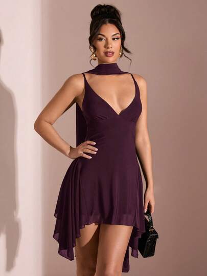 SHEIN BAE Summer Beach Vacation Elegant Solid Black Deep V-Neck Ribbon Mini Dress, Suitable For Daily Dating, Night Out, Nightclubs, Parties, Get-Togethers, Cocktail Parties, Holiday Jumpsuits, Pool Parties, Office Wear, Commuter Dresses Dark Purple Dress