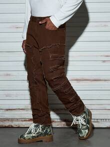 Modcrash 男士时尚做旧牛仔裤，创意流苏设计，简约风格，适合日常休闲穿着，春夏Emo风 - 咖啡棕 - 查看 4