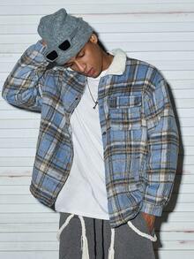 Modcrash 男士时尚格子针织加厚保暖抓绒内衬外套，秋冬款 - 藍色 - 查看 1