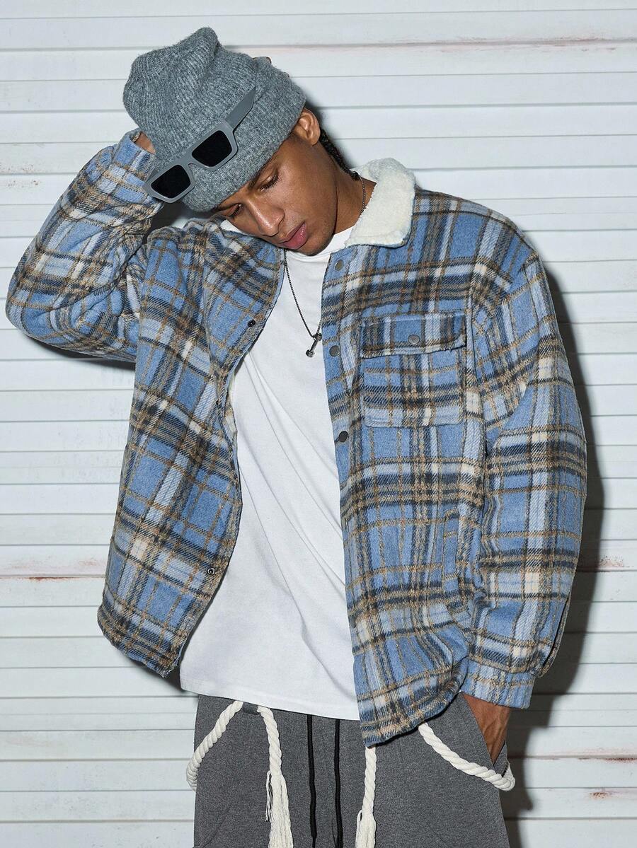 Modcrash 男士时尚格子针织加厚保暖抓绒内衬外套，秋冬款 - 藍色 - 查看 1