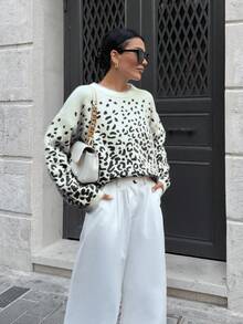EURMUSE Moher Yarn Pullover Leopard Pattern Pullover Fall Winter - Black - View 5