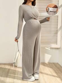 SHEIN 两件套孕妇纯色圆领长袖罗纹T恤和可调节腰围休闲裤套装