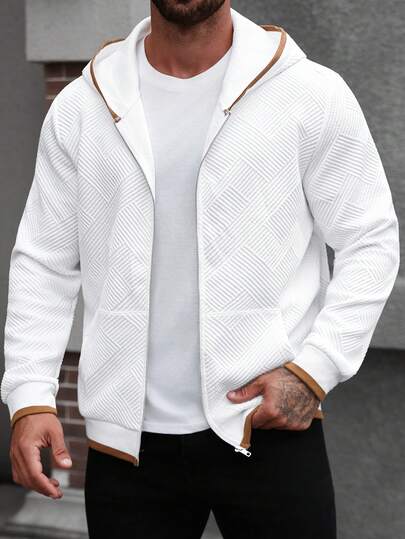 Manfinity Homme sweat-shirt à capuche zippé pour hommes grande taille, couleur unie, tissu texturé avec liseré contrastant, pour le quotidien et les trajets, printemps/automne