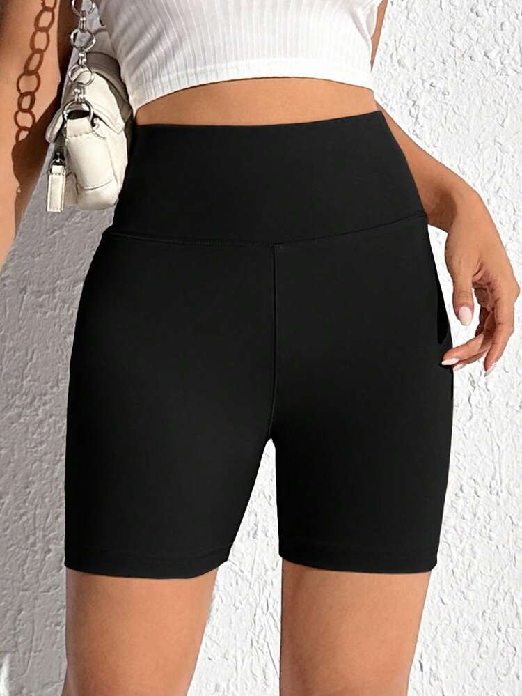 SHEIN EZwear 夏季純色收腹運動騎行短褲 - 黑色 - 查看 1