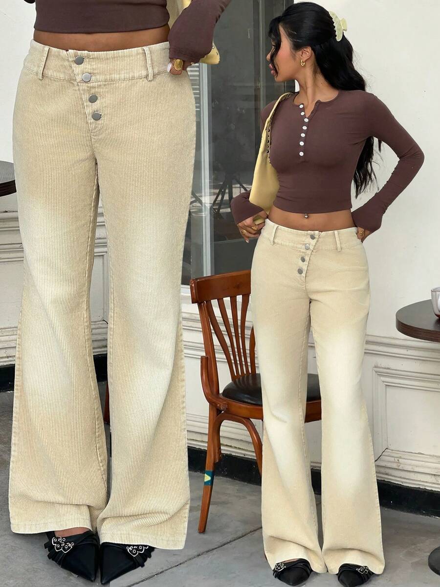 SHEIN EZwear Women's Casual Washed Flared Leg Corduroy Low Waist Pants With Front Button, Autumn/Winter,Street Wear - Khaki - View 1