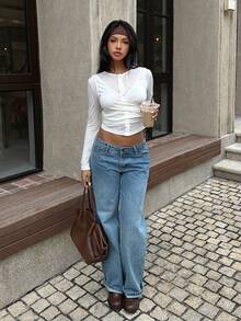 SHEIN EZwear 女士白色针织交叉裹身短款T恤 - 白色 - 查看 6