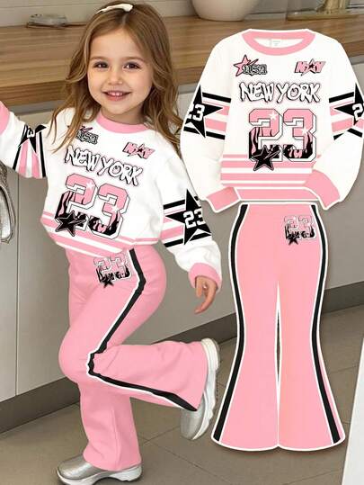 粉色运动复古撞色街头风，粉色运动街头风，23号字母针织印花，活力四射，适合秋冬季节的女婴休闲柔软针织套头衫套装，舒适保暖，充满圣诞气息，圣诞礼物，秋冬穿搭，轻松舒适，适合婴幼儿和女童的秋冬叠穿，时尚女童，休闲装，女婴印花上衣，新款，秋季新款，冬季时尚