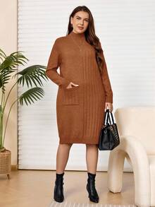 Plus Size Long Sleeve Knitted Sweater Dress With Pockets In Fall/Winter - Brown - View 1