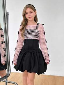 SHEIN 两件套少女休闲甜美钩针网纱蝴蝶结装饰长袖上衣和针织修身拼接荷叶边南瓜下摆连衣裙套装，时尚街头风 - 淺粉色 - 查看 6