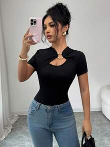 Elenzga Áo thun tay ngắn ôm sát màu đen trơn thanh lịch dành cho nữ, thích hợp cho các bữa tiệc, hẹn hò, đi làm, Giáng sinh, mùa tốt nghiệp, trở lại trường, lễ tốt nghiệp, ngày nhà giáo, giáng sinh, ngày lễ tình nhân, lễ tạ ơn, trở lại trường, áo thun tay ngắn mặc hàng ngày, xuân/hè - màu đen - Xem 8