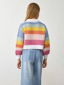 Áo len chui đầu cổ lọ sọc nhiều màu dáng rộng thường ngày cho bé gái tuổi mới lớn, dày dặn, thích hợp cho các hoạt động ngoài trời, tiệc tùng và đi chơi thường ngày - Nhiều màu - Xem 2