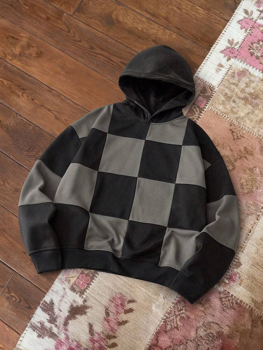 SWAVVY Áo hoodie chắp vá thời trang nam, Thu/Đông - màu đen - Xem 1
