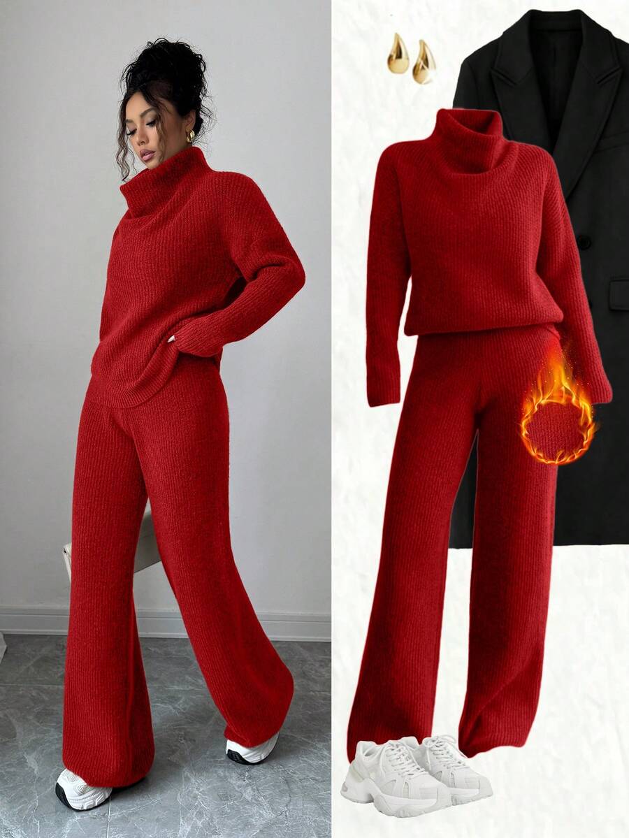 SHEIN Elenzya Bộ áo len dệt kim dài tay màu lạc đà rộng rãi thanh lịch và quần dài hai món, thích hợp để đi làm, mùa thu/đông - Đỏ - Xem 1