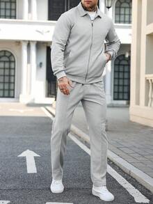 Manfinity Homme Men's Loose Fit Solid Color Casual 2 Pieces Set Casual Two Pieces Set Men Men's 2 Pieces Leisure Suits Men Suit Set Grey Big And Tall Men Men Sweatsuit Set Men Joggers Suit - Grey - View 6