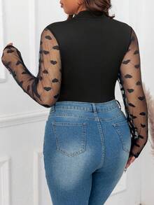 EMERY ROSE Body de encaje y malla con parches, de punto suave y cuello alto, adecuado para fiestas, reuniones y salidas, talla grande - Negro - Ver 2