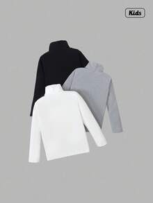 Sweetra 3pcs/Set Tween Girl Cat Pattern High Neck Long Sleeve Thermal Lined Casual T-Shirts Chic Outfits For Autumn/Winter - Grey - View 2