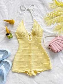 Soleia Women's Casual Vacation New V-Neck Halter Tie Bow Front Hollow Out Contrast Trim Bodycon Ribbed Jumpsuit, Versatile For Party, Date, Afternoon Tea, Beach Yellow Yellow Romper Yellow Bodysuit - Pale Yellow - View 6