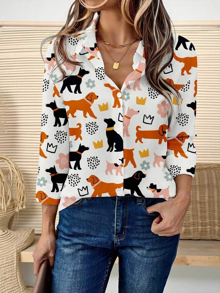 Casual Minimalist Cartoon Animal Pattern Women Shirt, Suitable For Autumn/Winter Cute Shirt For Women Dog Print Shirt Women's Long Sleeve Shirt Cartoon Shirts Women Dog Shirt
