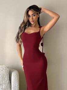 SHEIN ICON Damen Bodycon Kleid mit offenem Rücken und 3D Blumen Dekor - Bordeaux - Übersicht 5