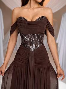 Aureia Váy lưới co giãn màu cà phê thanh lịch, lãng mạn, thời trang, trang trọng với họa tiết kim sa, họa tiết xương cá, dáng chữ A, phù hợp cho các bữa tiệc sang trọng, trang phục khách dự tiệc cưới, váy màu cà phê, váy dạ hội trang trọng thời trang và duyên dáng cho khách dự tiệc cưới, váy dạ hội trang trọng - Cà phê nâu - Xem 6