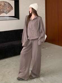 DAZY Women's Solid Color Minimalist Crew Neck Long Sleeve Top And Pants 2-Piece Set Lounge Sets For Women - Brown - View 3