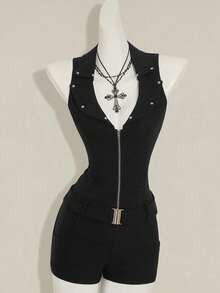 SHEIN ICON Y2K Damen Grunge Goth Schwarzer Sexy Sommer Lässig Gothic Stil Nieten Kragen Reißverschluss Vorne Figurbetonter Jumpsuit - Schwarz - Übersicht 3