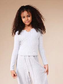 SUMWON Ribbed Knit Long Sleeve Top Wide Leg Pants Co-Ord Set Wear Matching Outfit Casual Comfort Two Piece Vacation - Grey - View 4
